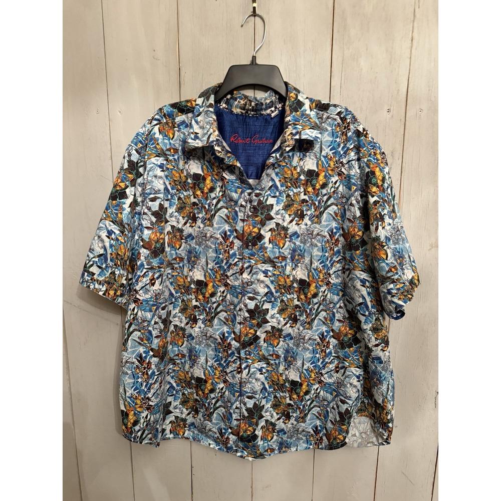 Robert Graham Shirt Men 2XL Blue Semitone Floral Graphic AOP Short Sleeve Button
